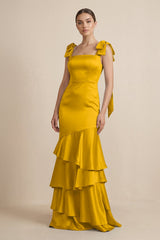 Tiered Maxi Satin Bridesmaid Dress with Bow Straps in Marigold - KissProm Bridesmaid Dresses