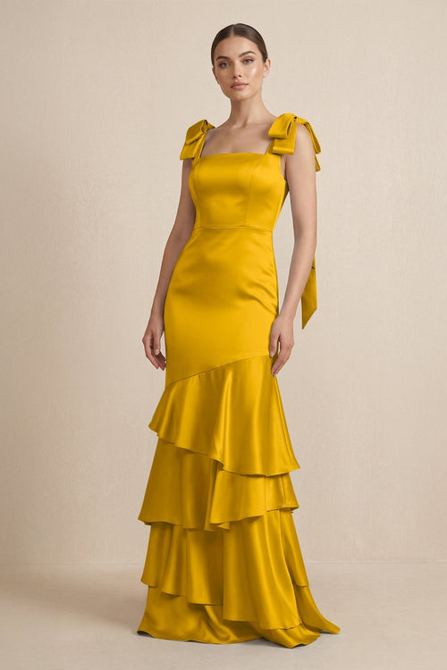 Tiered Maxi Satin Bridesmaid Dress with Bow Straps in Marigold - KissProm Bridesmaid Dresses