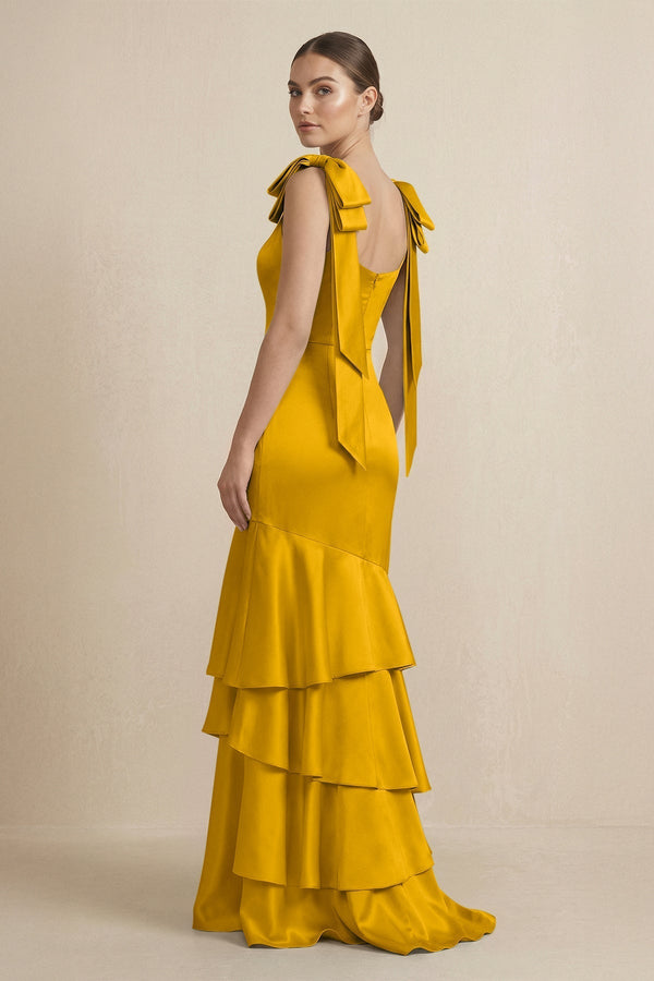 Tiered Maxi Satin Bridesmaid Dress with Bow Straps in Marigold - KissProm Bridesmaid Dresses