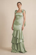 Tiered Maxi Satin Bridesmaid Dress with Bow Straps in Matcha - KissProm Bridesmaid Dresses
