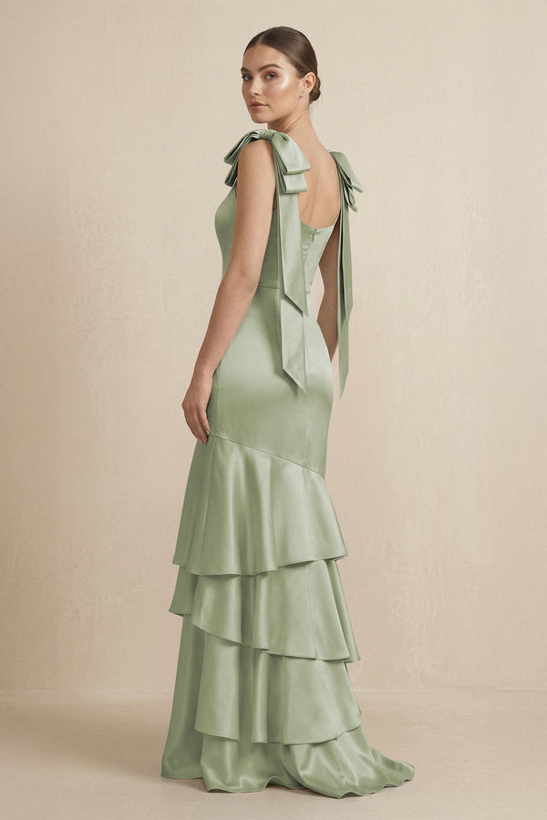 Tiered Maxi Satin Bridesmaid Dress with Bow Straps in Matcha - KissProm Bridesmaid Dresses