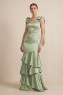 Tiered Maxi Satin Bridesmaid Dress with Bow Straps in Matcha - KissProm Bridesmaid Dresses