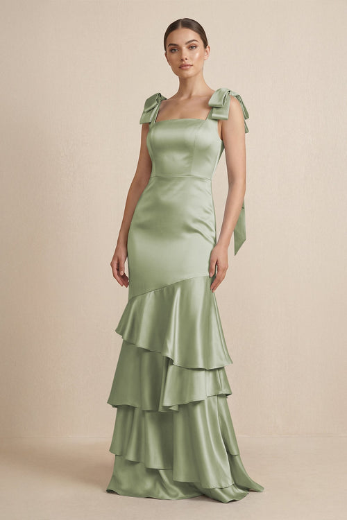 Tiered Maxi Satin Bridesmaid Dress with Bow Straps in Matcha - KissProm Bridesmaid Dresses