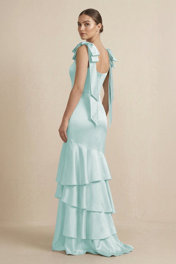 Tiered Maxi Satin Bridesmaid Dress with Bow Straps in Mist - KissProm Bridesmaid Dresses