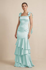 Tiered Maxi Satin Bridesmaid Dress with Bow Straps in Mist - KissProm Bridesmaid Dresses