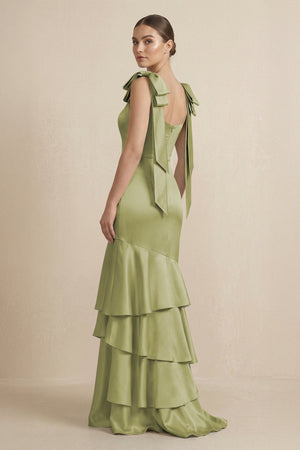 Tiered Maxi Satin Bridesmaid Dress with Bow Straps in Moss Green - KissProm Bridesmaid Dresses