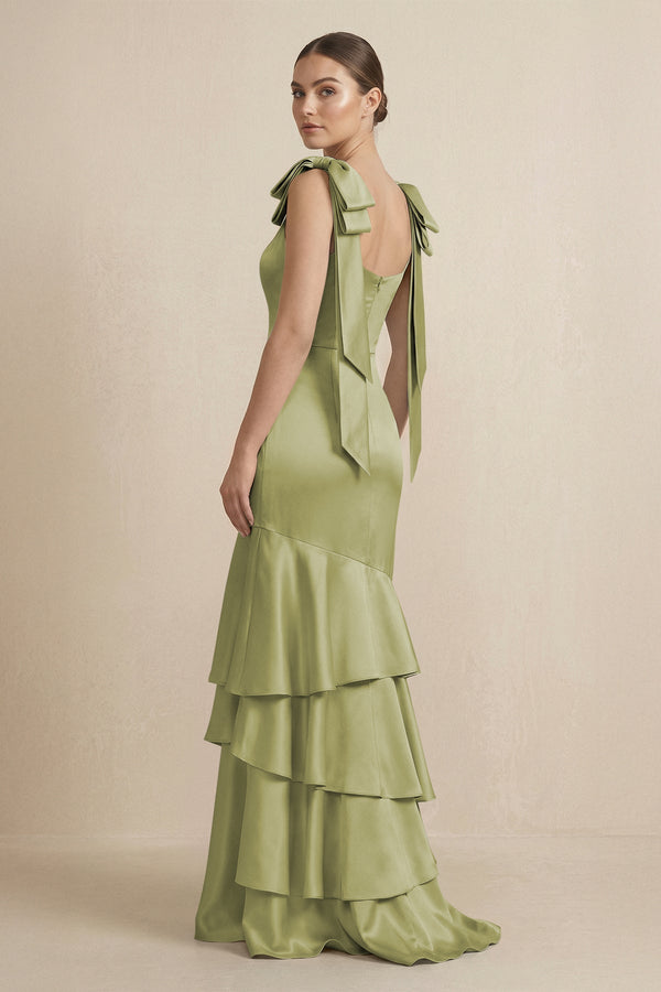 Tiered Maxi Satin Bridesmaid Dress with Bow Straps in Moss Green - KissProm Bridesmaid Dresses