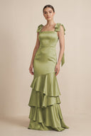 Tiered Maxi Satin Bridesmaid Dress with Bow Straps in Moss Green - KissProm Bridesmaid Dresses