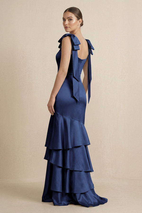 Tiered Maxi Satin Bridesmaid Dress with Bow Straps in Navy - KissProm Bridesmaid Dresses