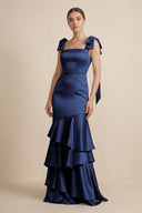 Tiered Maxi Satin Bridesmaid Dress with Bow Straps in Navy - KissProm Bridesmaid Dresses