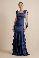 Tiered Maxi Satin Bridesmaid Dress with Bow Straps in Navy - KissProm Bridesmaid Dresses