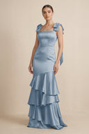 Tiered Maxi Satin Bridesmaid Dress with Bow Straps in Neptune - KissProm Bridesmaid Dresses