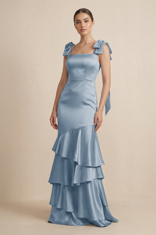 Tiered Maxi Satin Bridesmaid Dress with Bow Straps in Neptune - KissProm Bridesmaid Dresses