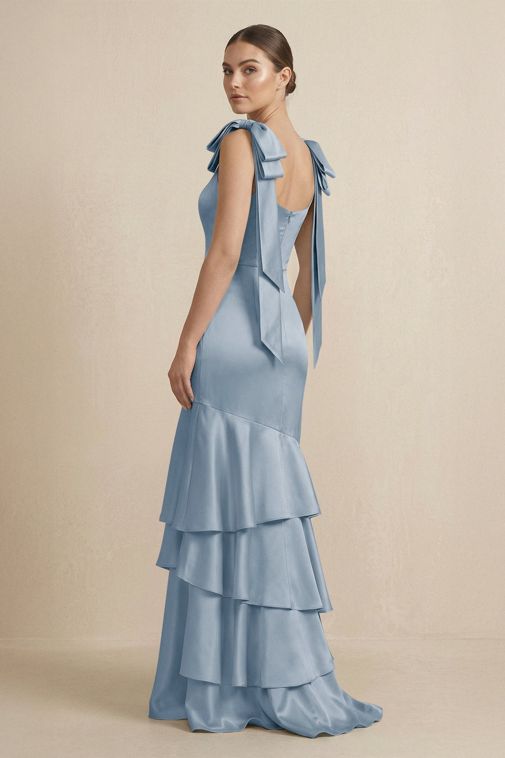 Tiered Maxi Satin Bridesmaid Dress with Bow Straps in Neptune - KissProm Bridesmaid Dresses