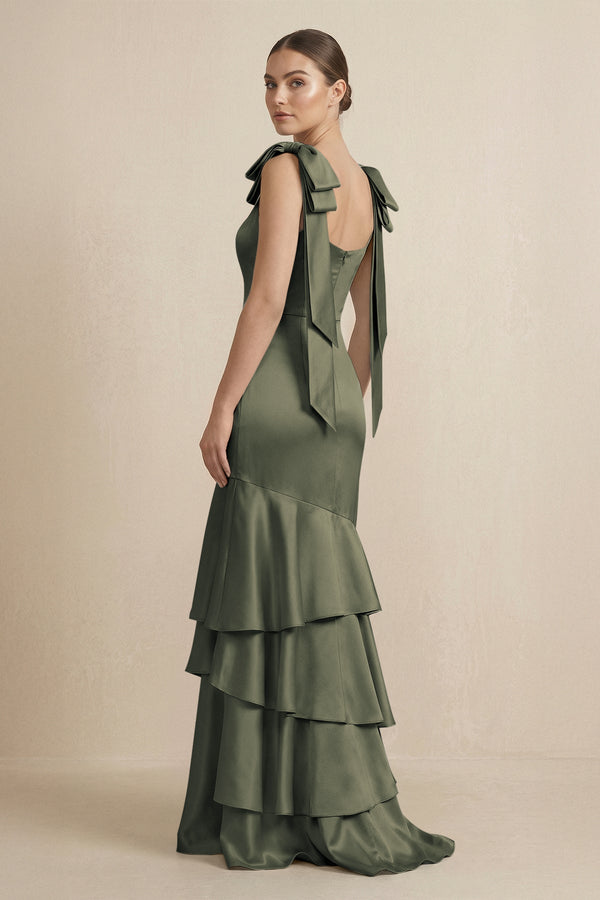 Tiered Maxi Satin Bridesmaid Dress with Bow Straps in Olive - KissProm Bridesmaid Dresses