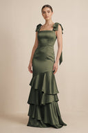 Tiered Maxi Satin Bridesmaid Dress with Bow Straps in Olive - KissProm Bridesmaid Dresses