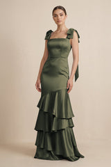 Tiered Maxi Satin Bridesmaid Dress with Bow Straps in Olive - KissProm Bridesmaid Dresses