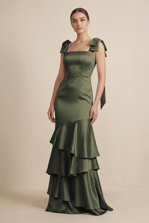 Tiered Maxi Satin Bridesmaid Dress with Bow Straps in Olive - KissProm Bridesmaid Dresses