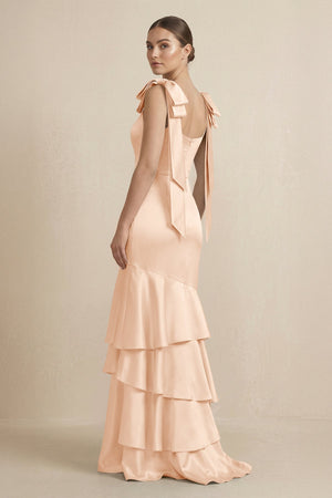 Tiered Maxi Satin Bridesmaid Dress with Bow Straps in Pale Blush - KissProm Bridesmaid Dresses