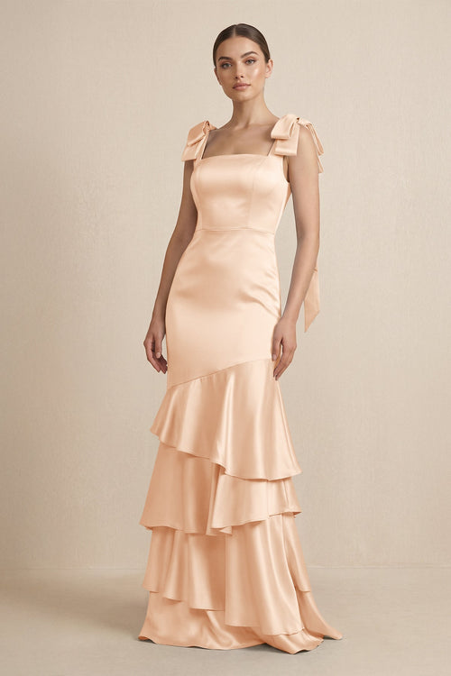 Tiered Maxi Satin Bridesmaid Dress with Bow Straps in Pale Blush - KissProm Bridesmaid Dresses