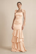 Tiered Maxi Satin Bridesmaid Dress with Bow Straps in Pale Blush - KissProm Bridesmaid Dresses
