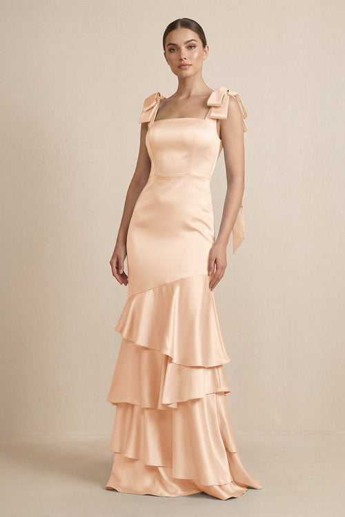 Tiered Maxi Satin Bridesmaid Dress with Bow Straps in Pale Blush - KissProm Bridesmaid Dresses