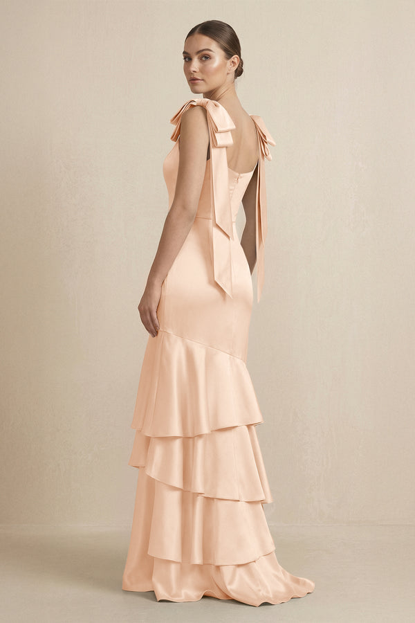 Tiered Maxi Satin Bridesmaid Dress with Bow Straps in Pale Blush - KissProm Bridesmaid Dresses