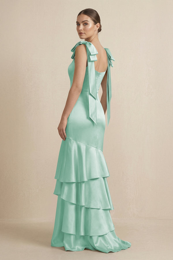 Tiered Maxi Satin Bridesmaid Dress with Bow Straps in Pale Pistachio - KissProm Bridesmaid Dresses