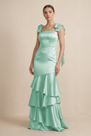 Tiered Maxi Satin Bridesmaid Dress with Bow Straps in Pale Pistachio - KissProm Bridesmaid Dresses