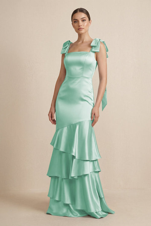 Tiered Maxi Satin Bridesmaid Dress with Bow Straps in Pale Pistachio - KissProm Bridesmaid Dresses