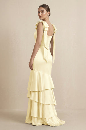 Tiered Maxi Satin Bridesmaid Dress with Bow Straps in Pastel Yellow - KissProm Bridesmaid Dresses