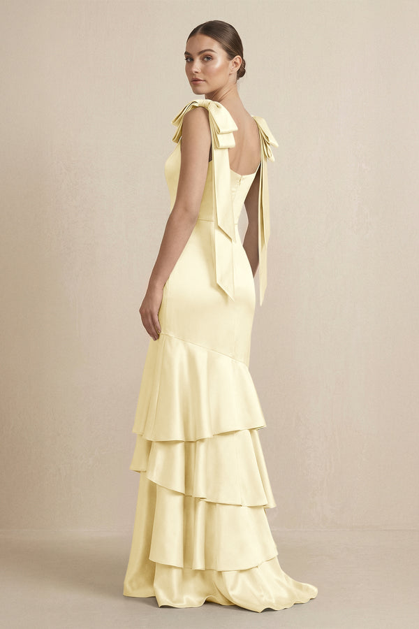Tiered Maxi Satin Bridesmaid Dress with Bow Straps in Pastel Yellow - KissProm Bridesmaid Dresses