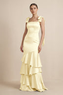 Tiered Maxi Satin Bridesmaid Dress with Bow Straps in Pastel Yellow - KissProm Bridesmaid Dresses