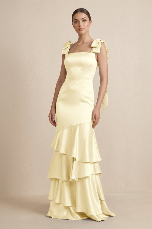Tiered Maxi Satin Bridesmaid Dress with Bow Straps in Pastel Yellow - KissProm Bridesmaid Dresses