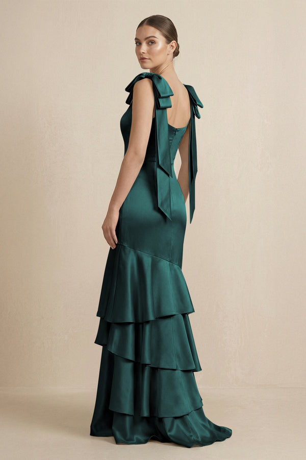 Tiered Maxi Satin Bridesmaid Dress with Bow Straps in Pine - KissProm Bridesmaid Dresses