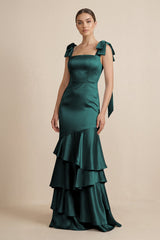 Tiered Maxi Satin Bridesmaid Dress with Bow Straps in Pine - KissProm Bridesmaid Dresses