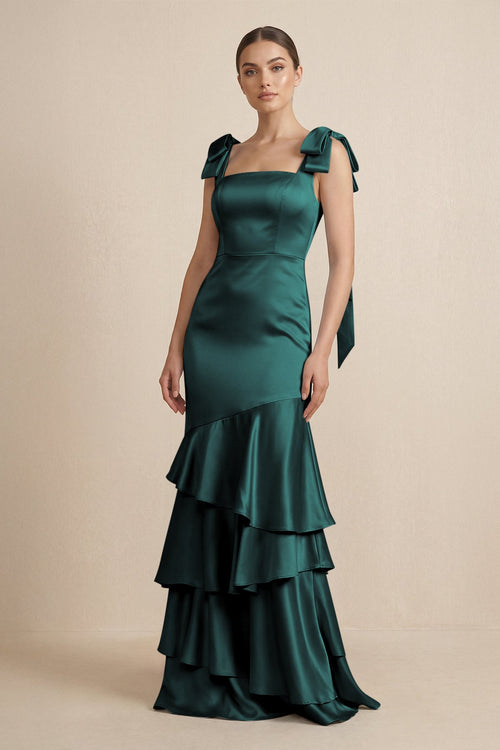 Tiered Maxi Satin Bridesmaid Dress with Bow Straps in Pine - KissProm Bridesmaid Dresses