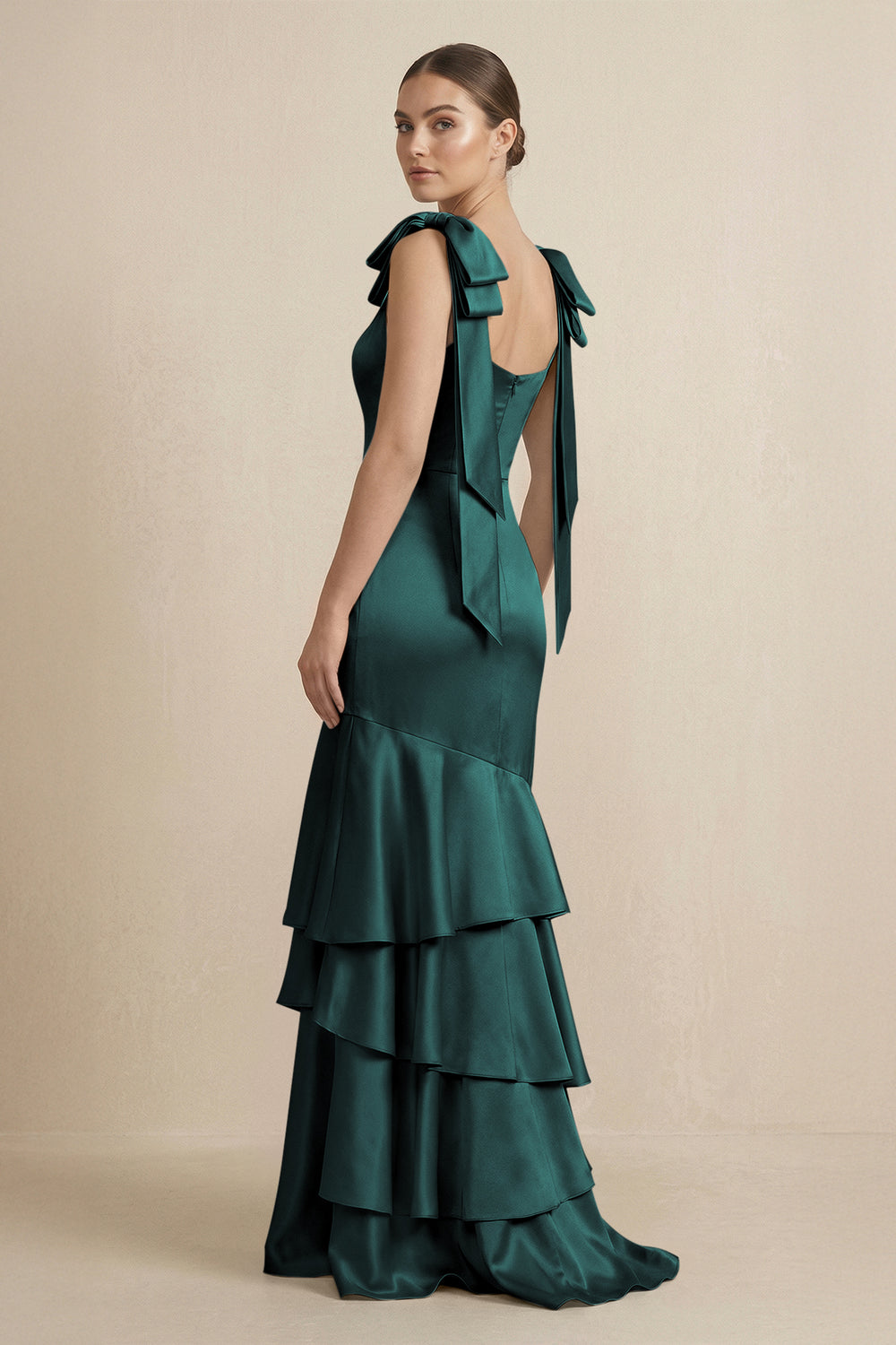 Tiered Maxi Satin Bridesmaid Dress with Bow Straps in Pine - KissProm Bridesmaid Dresses