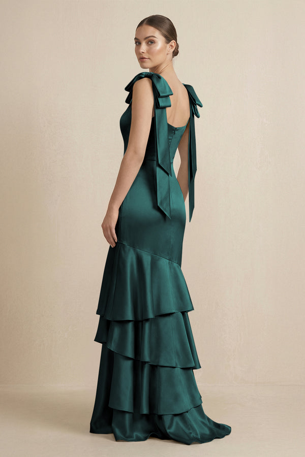 Tiered Maxi Satin Bridesmaid Dress with Bow Straps in Pine - KissProm Bridesmaid Dresses