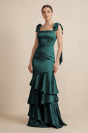 Tiered Maxi Satin Bridesmaid Dress with Bow Straps in Pine - KissProm Bridesmaid Dresses