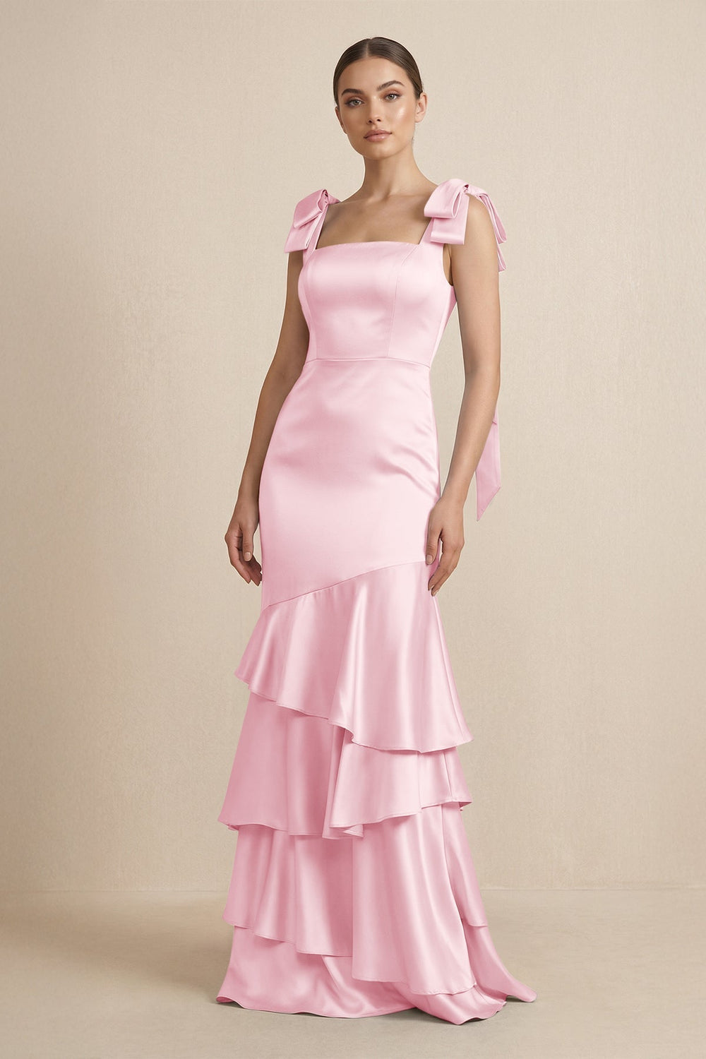 Tiered Maxi Satin Bridesmaid Dress with Bow Straps in Pink - KissProm Bridesmaid Dresses