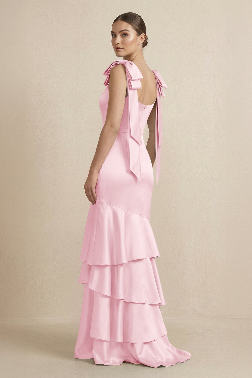 Tiered Maxi Satin Bridesmaid Dress with Bow Straps in Pink - KissProm Bridesmaid Dresses