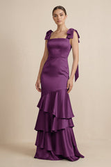 Tiered Maxi Satin Bridesmaid Dress with Bow Straps in Plum - KissProm Bridesmaid Dresses