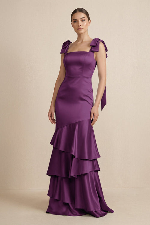 Tiered Maxi Satin Bridesmaid Dress with Bow Straps in Plum - KissProm Bridesmaid Dresses
