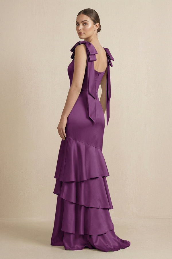 Tiered Maxi Satin Bridesmaid Dress with Bow Straps in Plum - KissProm Bridesmaid Dresses