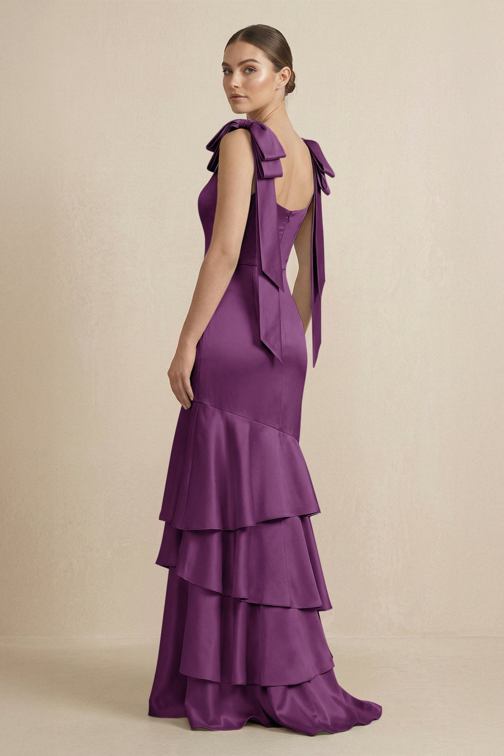 Tiered Maxi Satin Bridesmaid Dress with Bow Straps in Plum - KissProm Bridesmaid Dresses