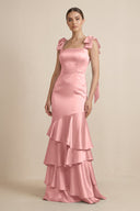 Tiered Maxi Satin Bridesmaid Dress with Bow Straps in Rosette - KissProm Bridesmaid Dresses