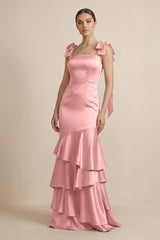Tiered Maxi Satin Bridesmaid Dress with Bow Straps in Rosette - KissProm Bridesmaid Dresses