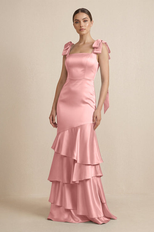 Tiered Maxi Satin Bridesmaid Dress with Bow Straps in Rosette - KissProm Bridesmaid Dresses