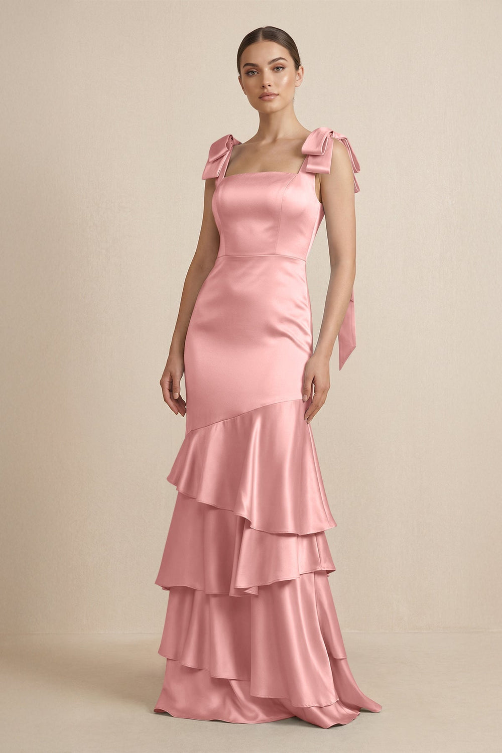 Tiered Maxi Satin Bridesmaid Dress with Bow Straps in Rosette - KissProm Bridesmaid Dresses